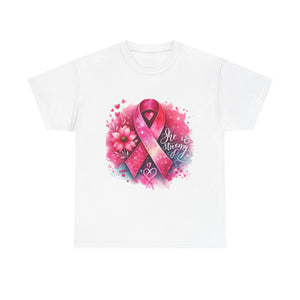 Breast Cancer Awareness Tee - She is Strong, Support Shirt, Gift for Fighters, Awareness Month Apparel, Inspirational T-Shirt