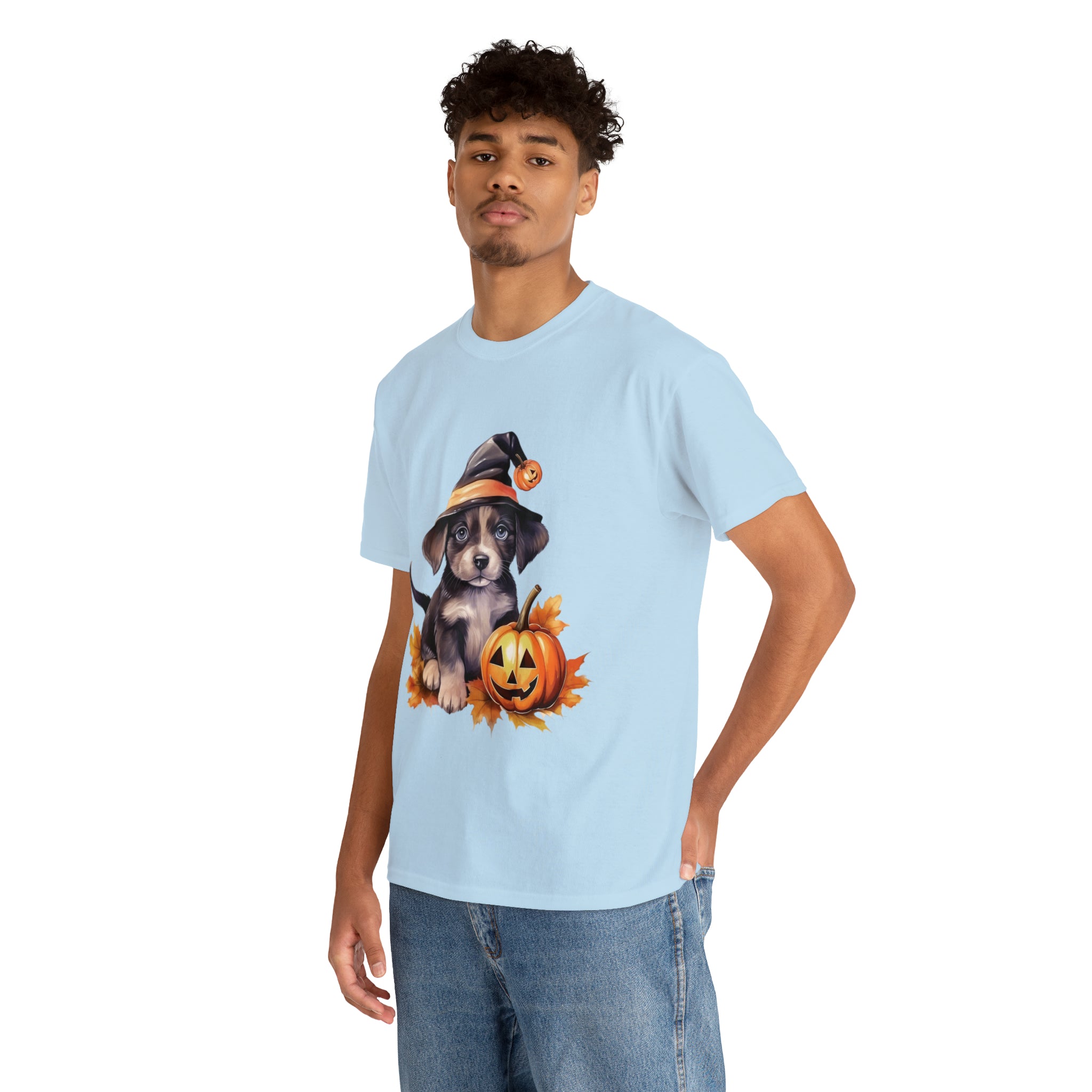 halloween t shirt puppy in witch hat cute gift for her stocking stuffer fall fun item for whole family Unisex Heavy Cotton Tee