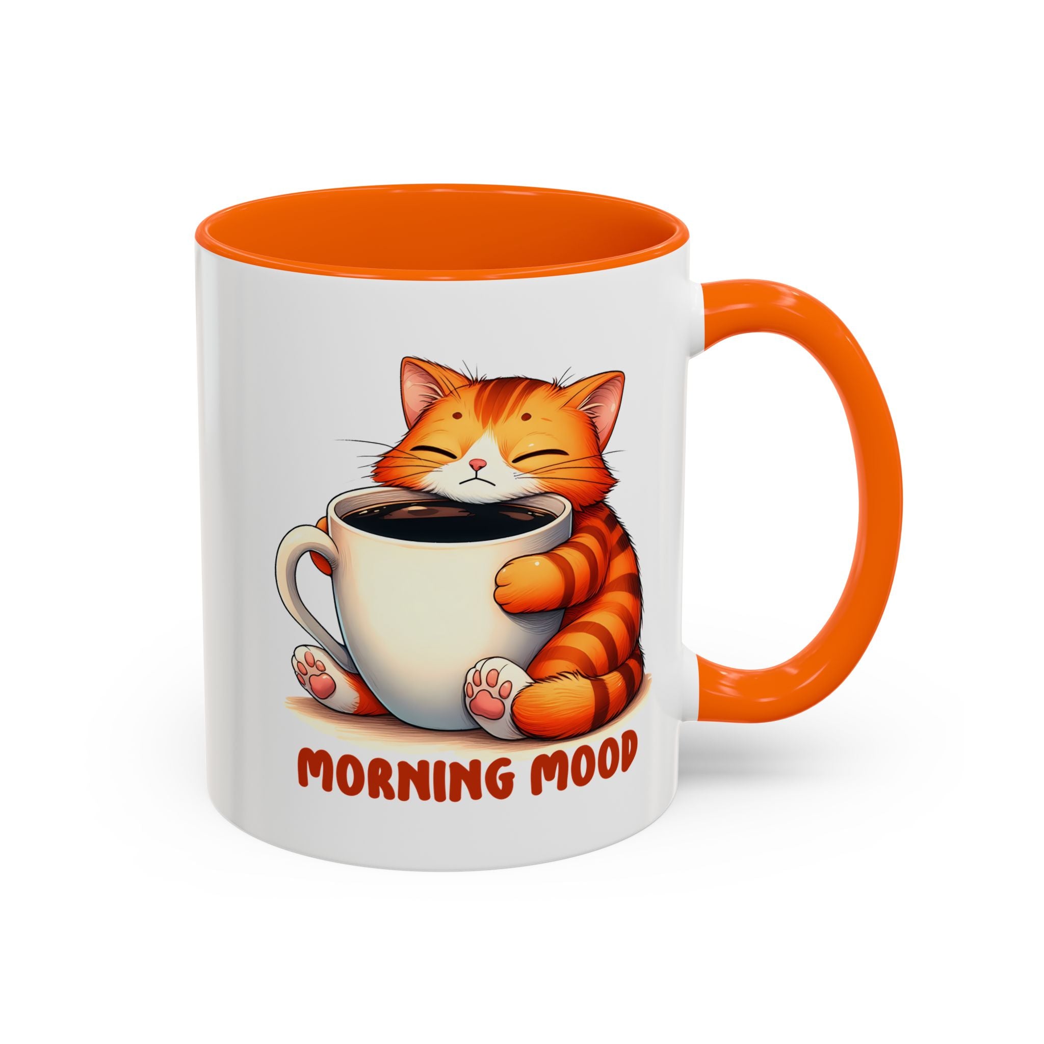 Morning Mood Cat Coffee Mug — Cute Orange Cat Holding Cup (11/15oz)