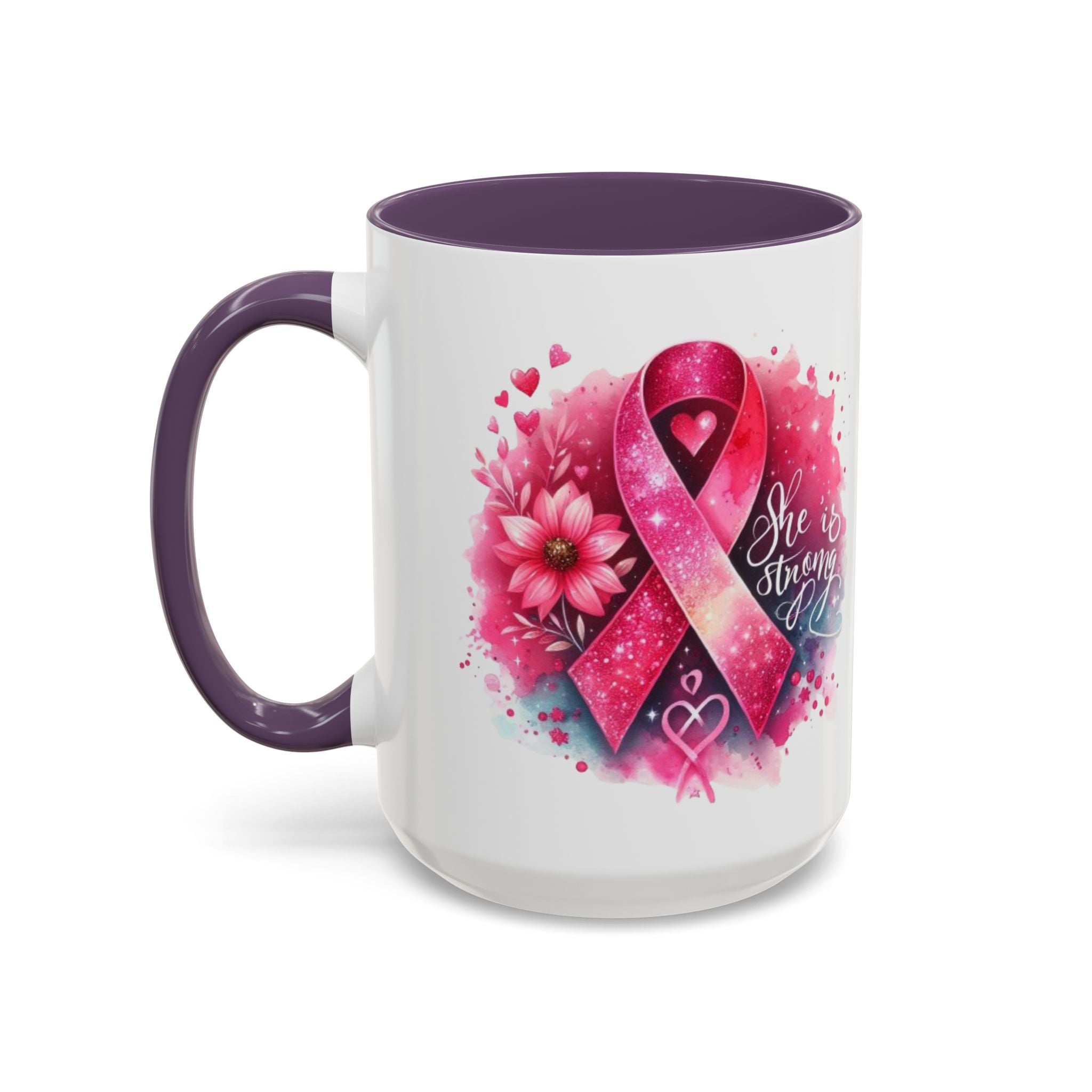Breast Cancer Awareness Coffee Mug - Inspirational Gift, Motivational Drinkware, Supportive Cup, Pink Ribbon Design, She Is Strong