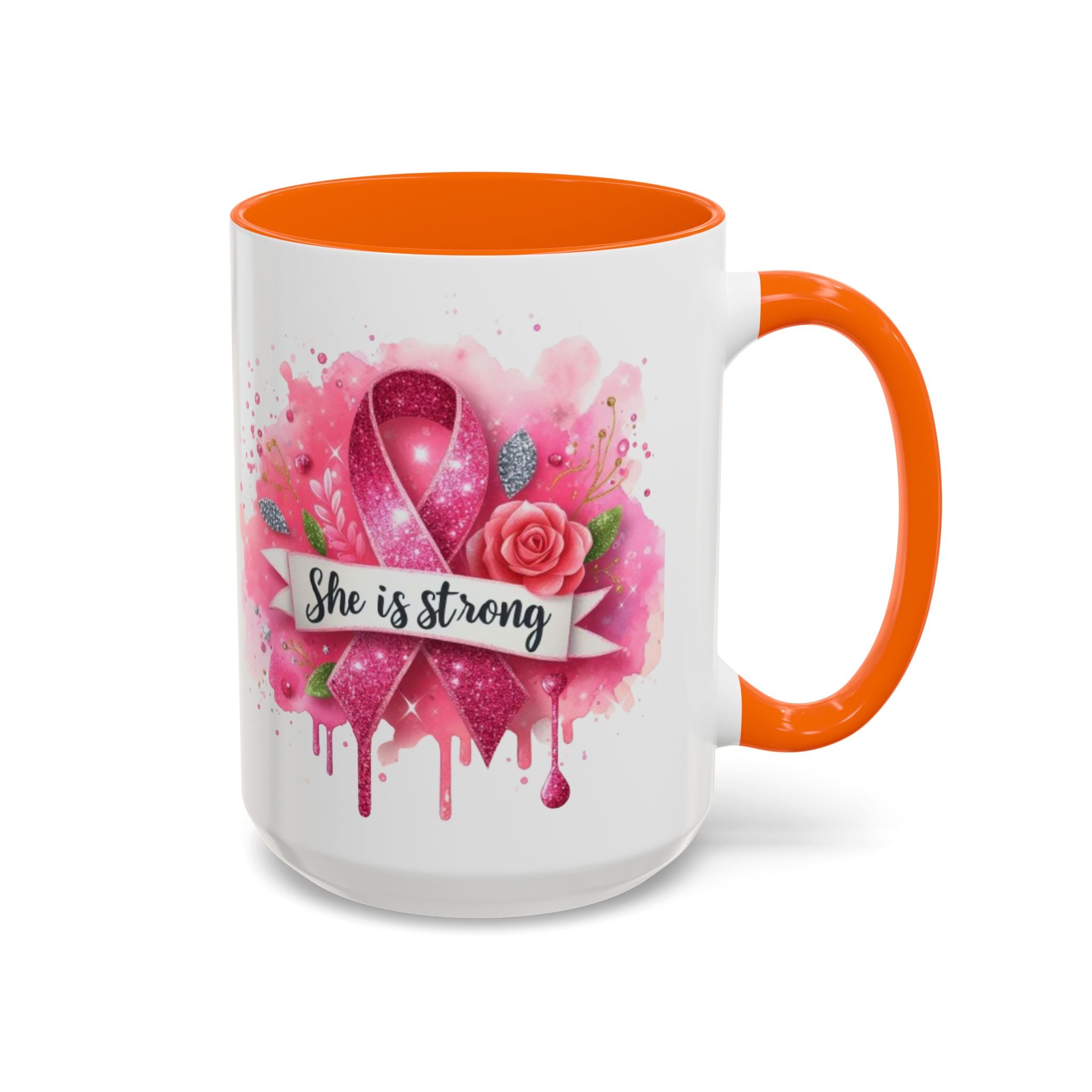 Empowering Pink Ribbon Coffee Mug - She Is Strong, Inspirational Gift for Breast Cancer Awareness, Motivational Drinkware, Supportive [...]