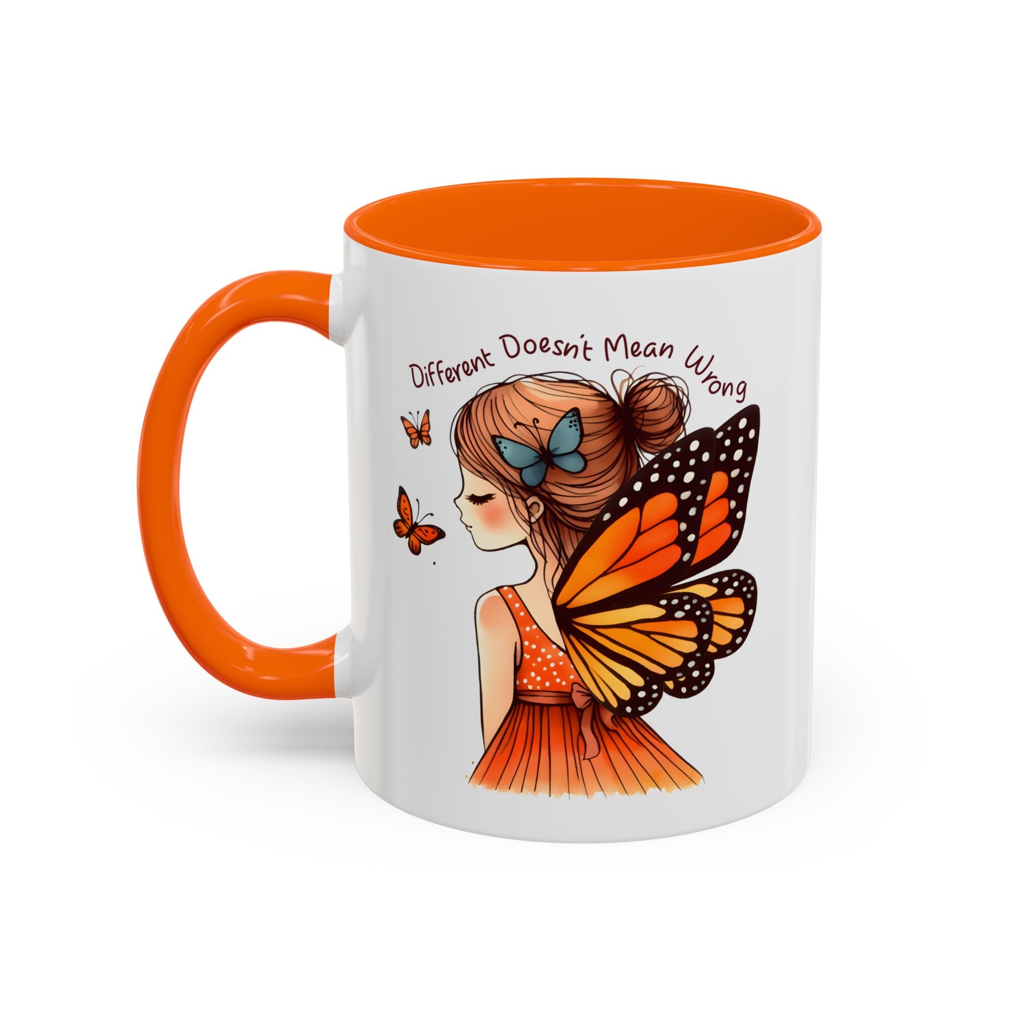 Butterfly Girl Accent Coffee Mug – "Different Doesn't Mean Wrong" Inspirational Tea Mug