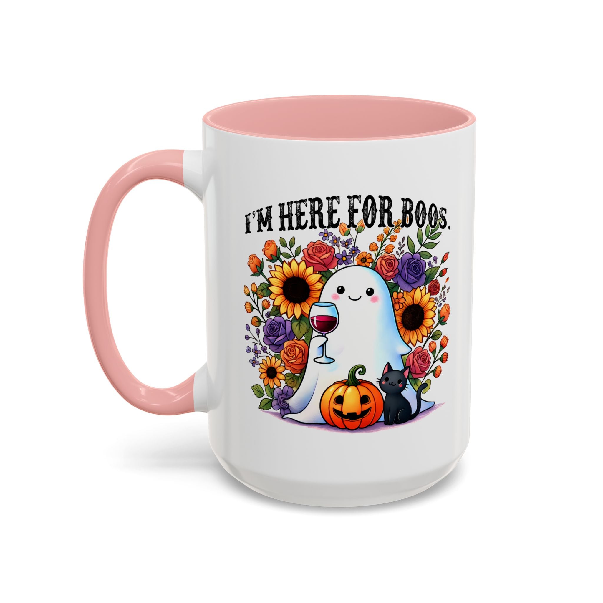 Spooky Floral Coffee Mug - I'm Here for Boos, Halloween Gift, Autumn Decor, Cute Ghost Mug, Cat Lover Drinkware