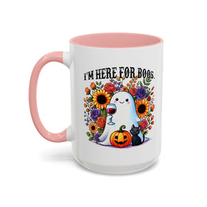 Spooky Floral Coffee Mug - I'm Here for Boos, Halloween Gift, Autumn Decor, Cute Ghost Mug, Cat Lover Drinkware