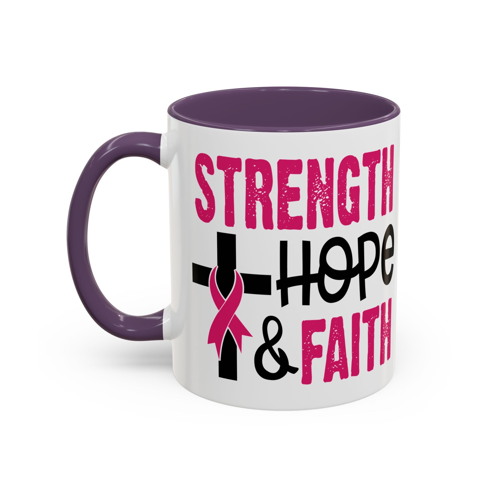 Inspirational Coffee Mug - Strength, Hope, Faith, Pink Ribbon, Christian Gifts, Motivational Drinkware, Breast Cancer Awareness
