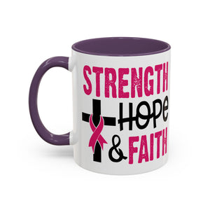 Inspirational Coffee Mug - Strength, Hope, Faith, Pink Ribbon, Christian Gifts, Motivational Drinkware, Breast Cancer Awareness
