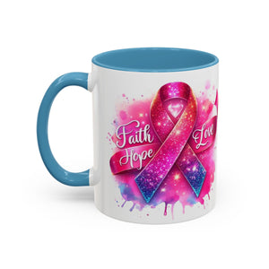 Inspirational Ribbon Coffee Mug - Faith, Hope, Love, Support, Gift for Cancer Awareness, Breast Cancer, Encouragement, Motivational
