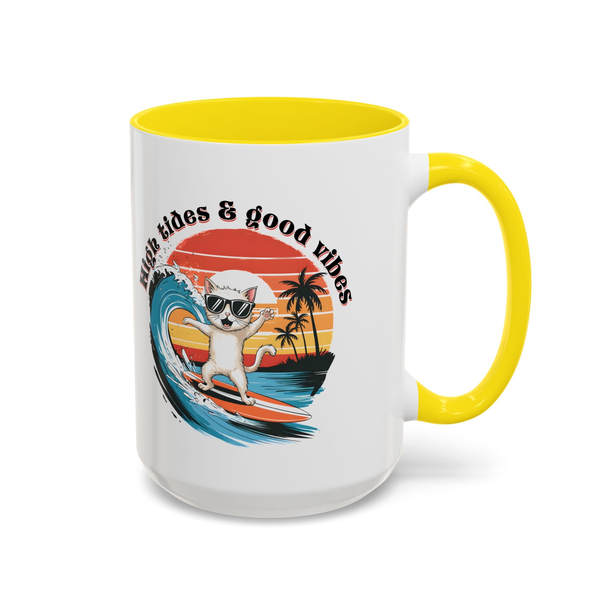 Surfing Cat Coffee Mug - High Tides & Good Vibes - Beach Lover Gift animal lover funny