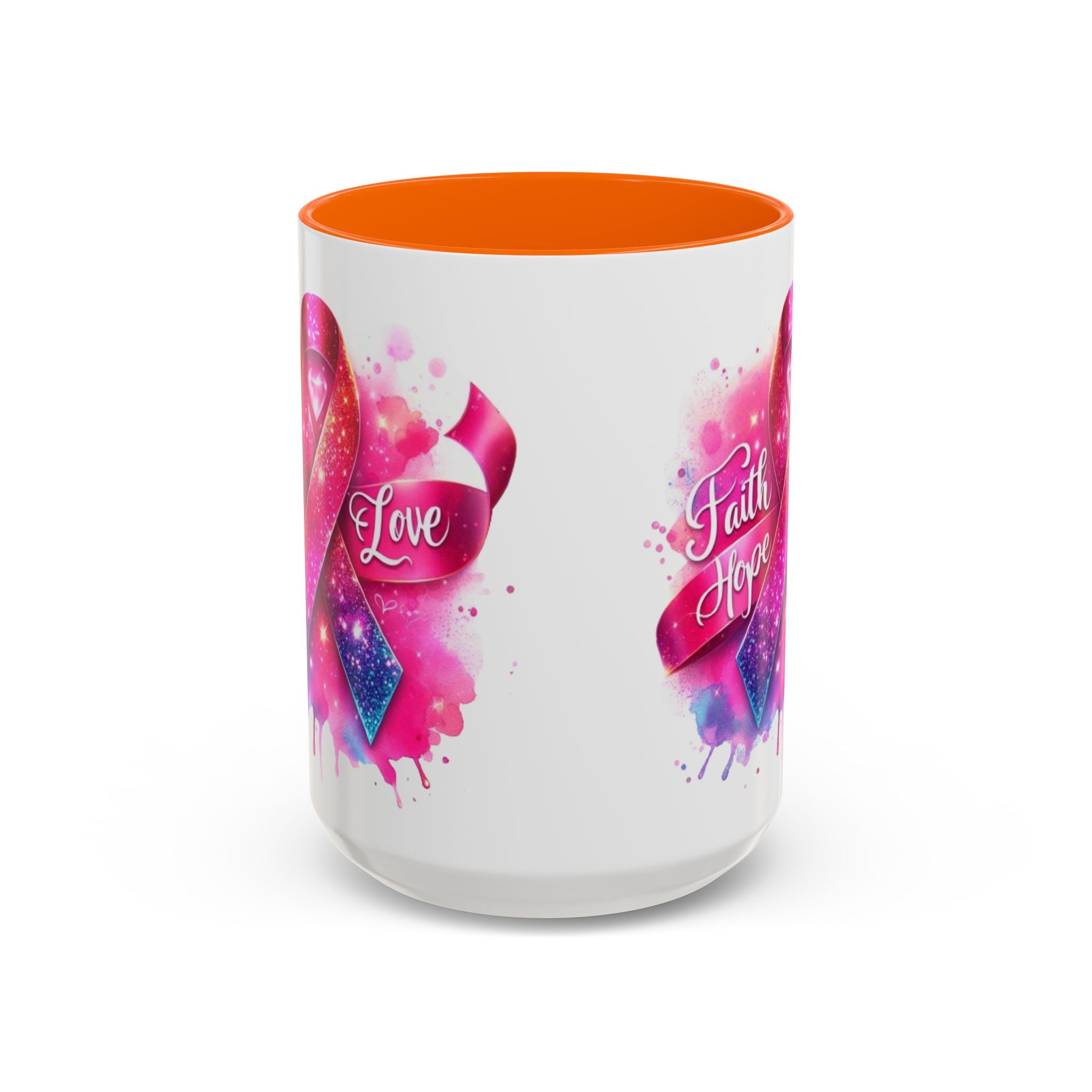 Inspirational Ribbon Coffee Mug - Faith, Hope, Love, Support, Gift for Cancer Awareness, Breast Cancer, Encouragement, Motivational