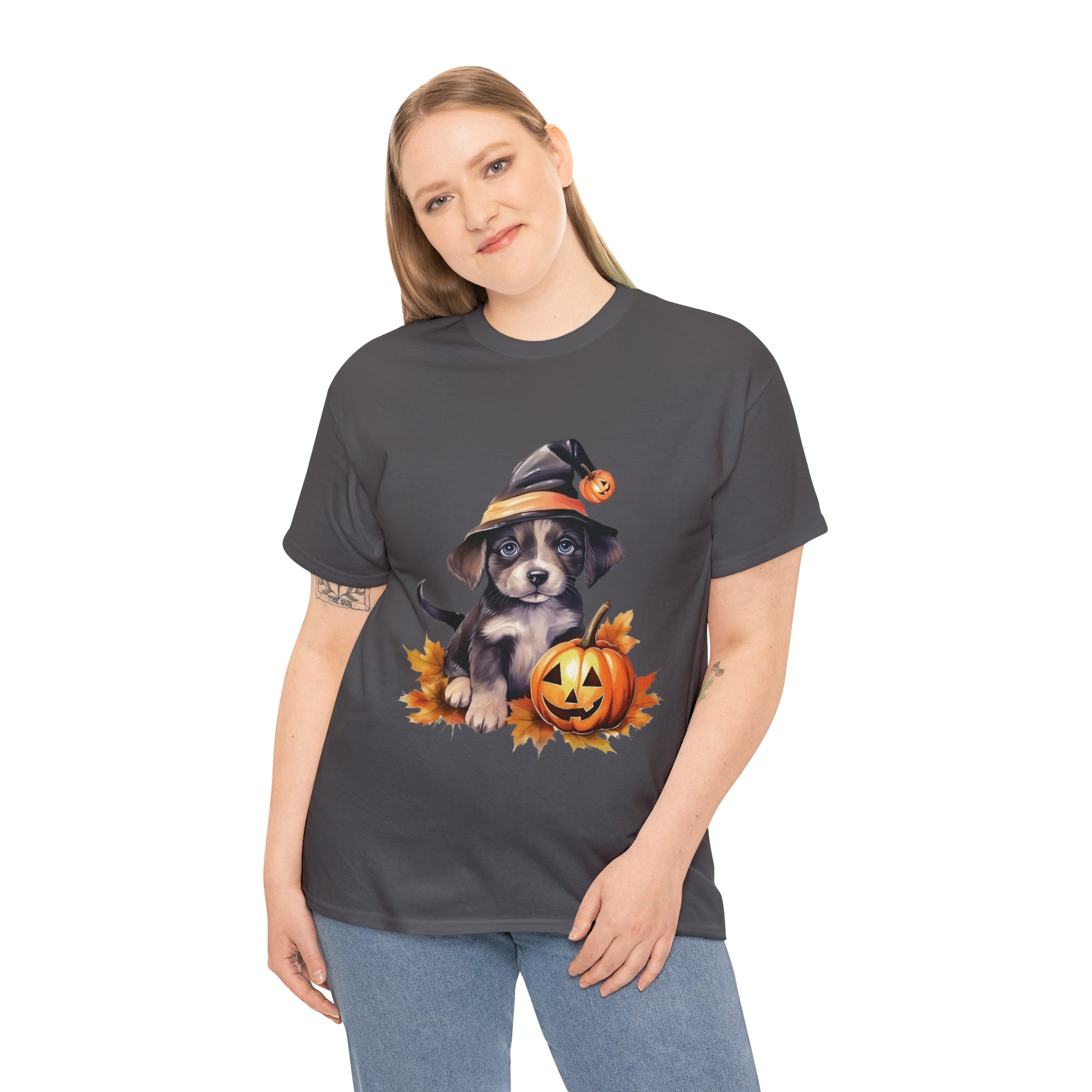 halloween t shirt puppy in witch hat cute gift for her stocking stuffer fall fun item for whole family Unisex Heavy Cotton Tee