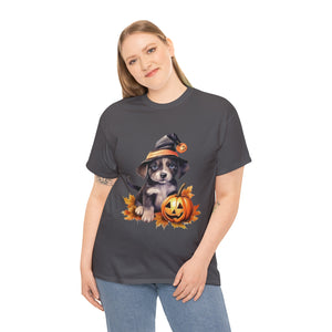 halloween t shirt puppy in witch hat cute gift for her stocking stuffer fall fun item for whole family Unisex Heavy Cotton Tee