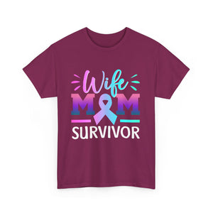 Wife Mom Survivor Tee, Unisex Heavy Cotton Tee, Cancer Awareness Shirt, Gift for Survivors, Inspirational Mom Shirt