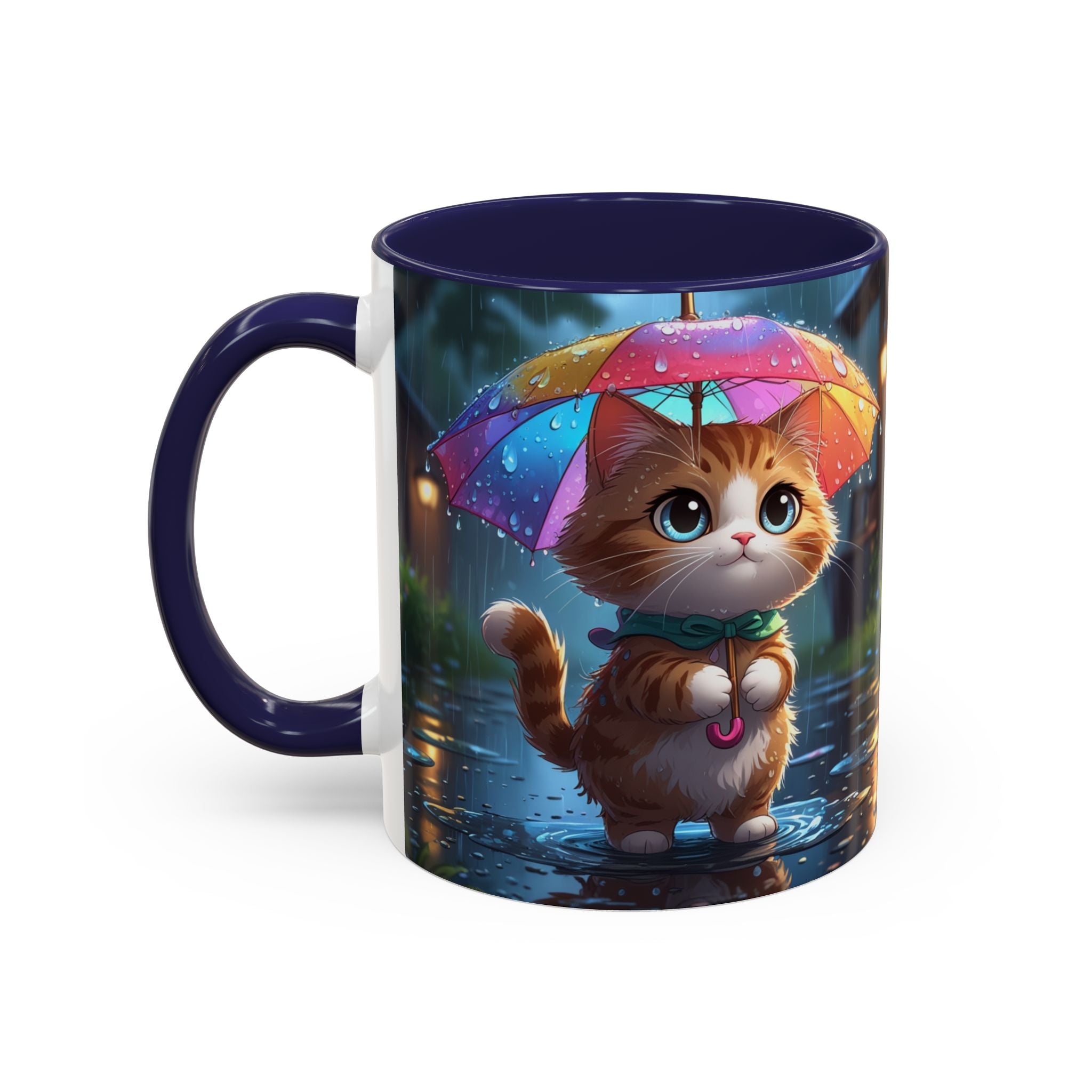 Cute Rainy Day Cat Mug — Kawaii Kitten with Rainbow Umbrella Coffee Cup (11/15oz)