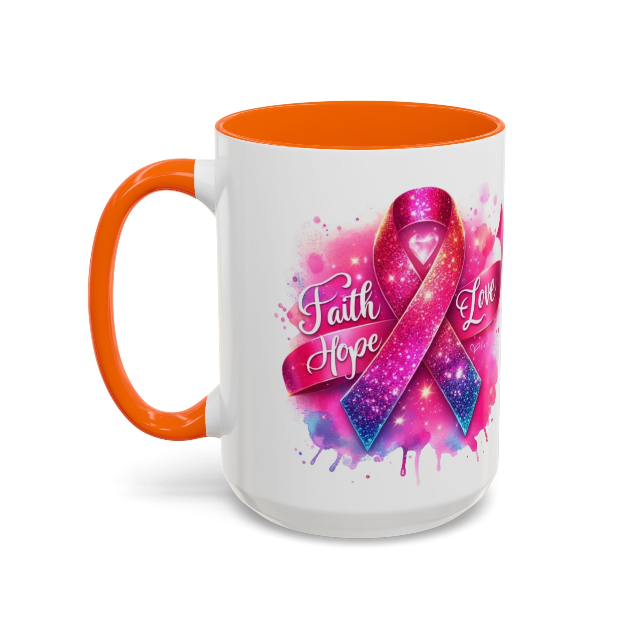 Inspirational Ribbon Coffee Mug - Faith, Hope, Love, Support, Gift for Cancer Awareness, Breast Cancer, Encouragement, Motivational