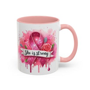Empowering Pink Ribbon Coffee Mug - She Is Strong, Inspirational Gift for Breast Cancer Awareness, Motivational Drinkware, Supportive [...]