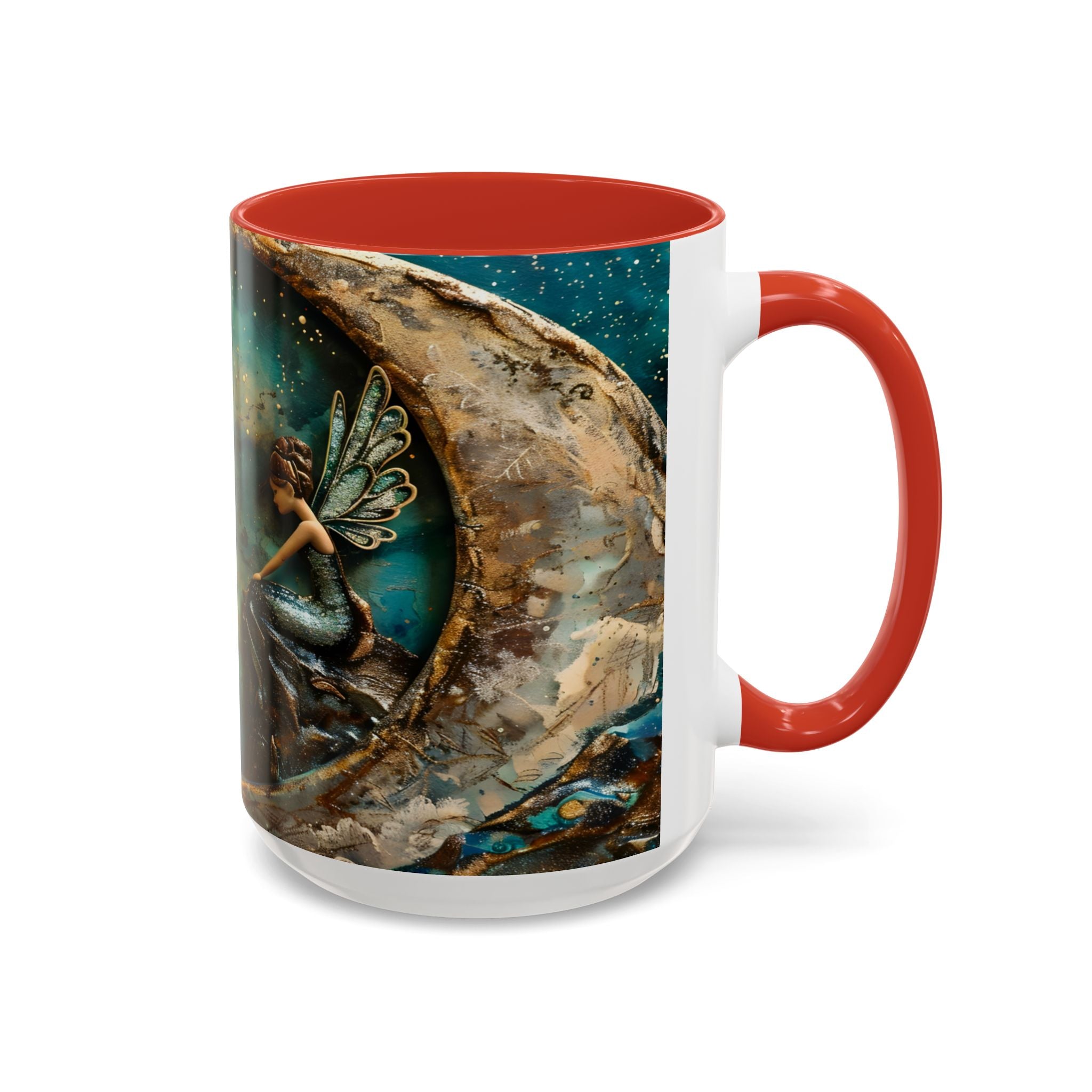 Fairy on the Moon Accent Coffee Mug – Mystical Teal Celestial Ceramic Mug (11/15oz) fantasy