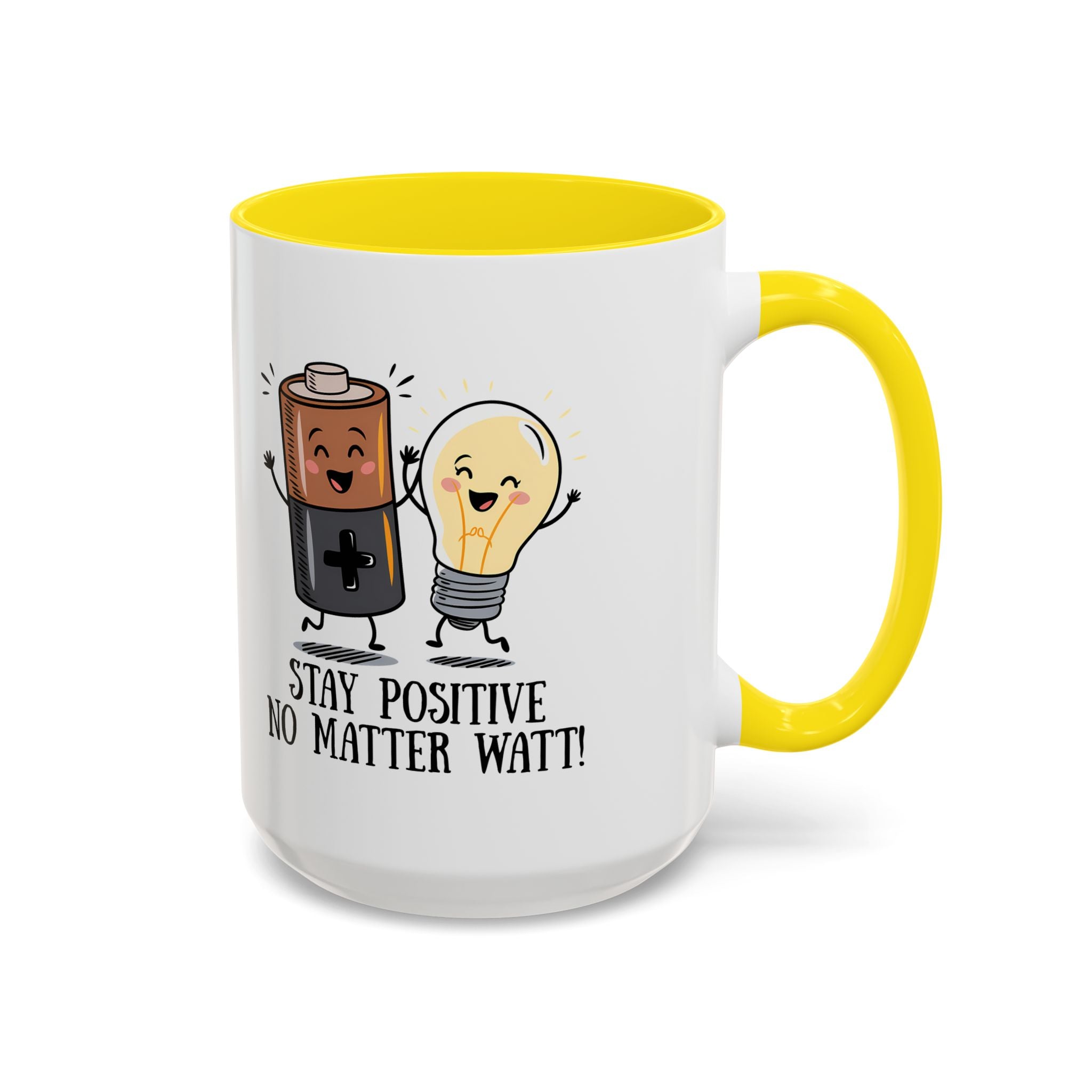 Stay Positive Accent Coffee Mug - 11oz & 15oz - Cute Light Bulb & Battery Design