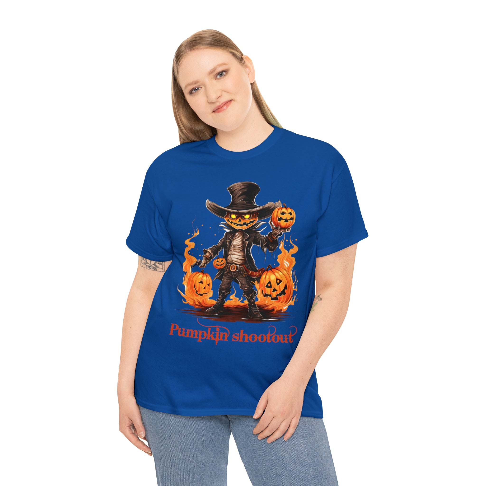 Halloween t shirt pumpkin western style shootout funny fall fun scary stocking stuffer for whole family  cotton tee