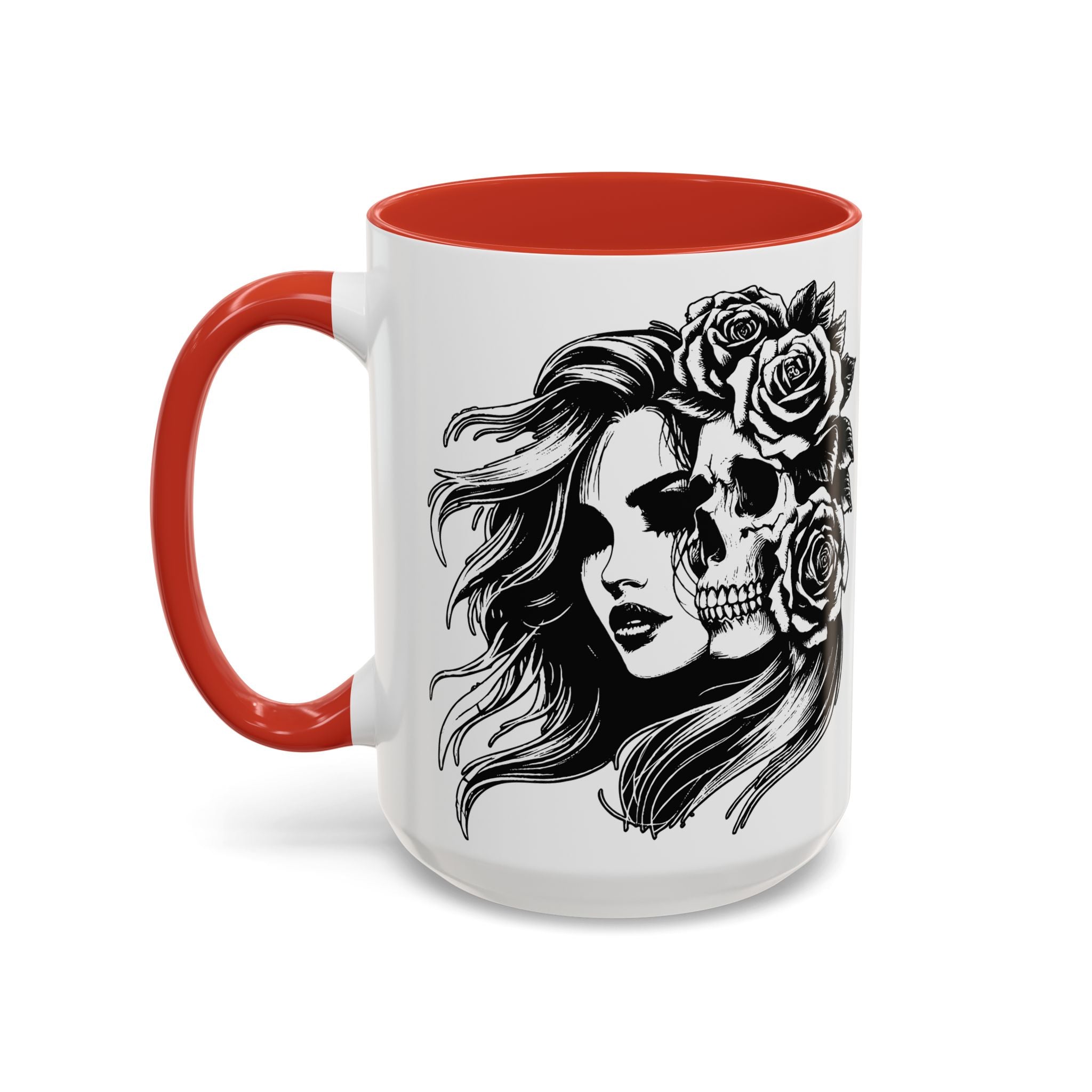 Skull & Rose Accent Coffee Mug — Gothic Half-Skull Woman 11/15oz