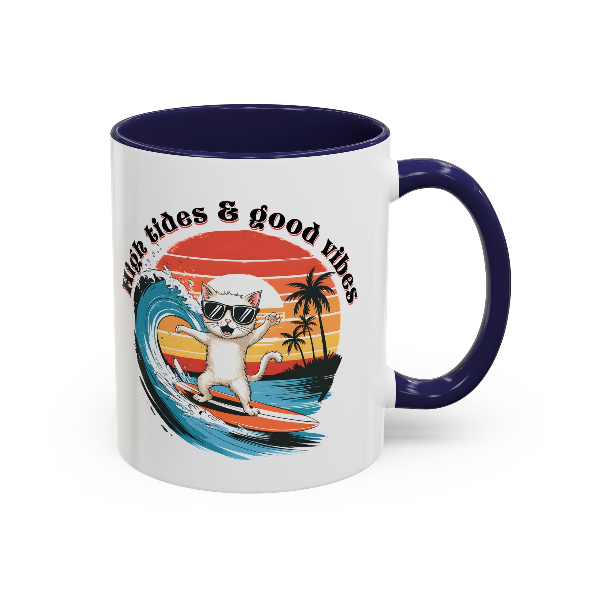 Surfing Cat Coffee Mug - High Tides & Good Vibes - Beach Lover Gift animal lover funny