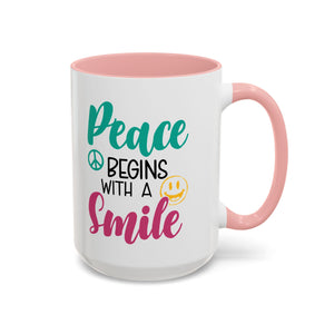 Inspirational Peace Coffee Mug - "Peace Begins with a Smile" - 11oz & 15oz