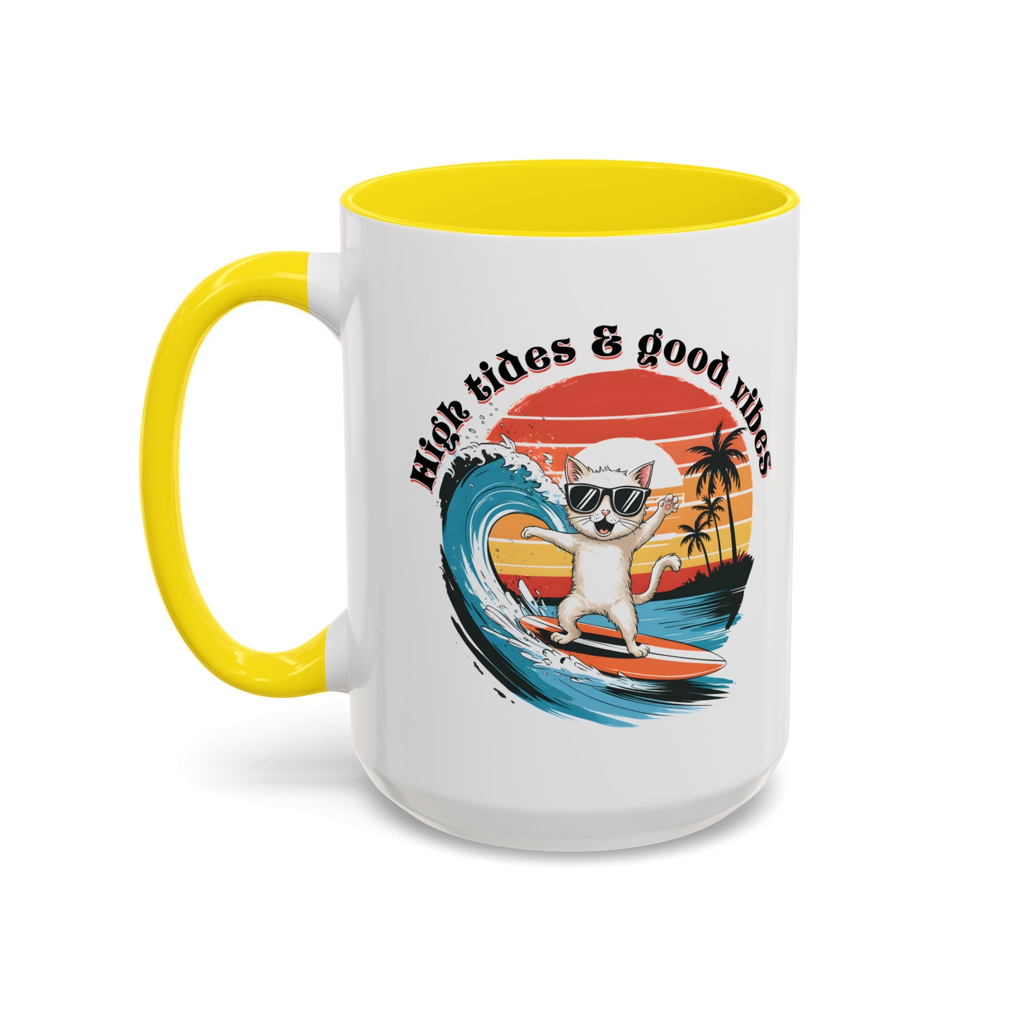 Surfing Cat Coffee Mug - High Tides & Good Vibes - Beach Lover Gift animal lover funny