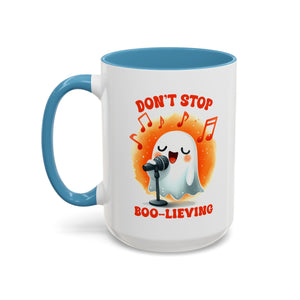 Ghost Coffee Mug, Perfect for Halloween, Fun Gift for Kids & Adults, Don't Stop Boo-lieving Mug, Caffeinated Spirits