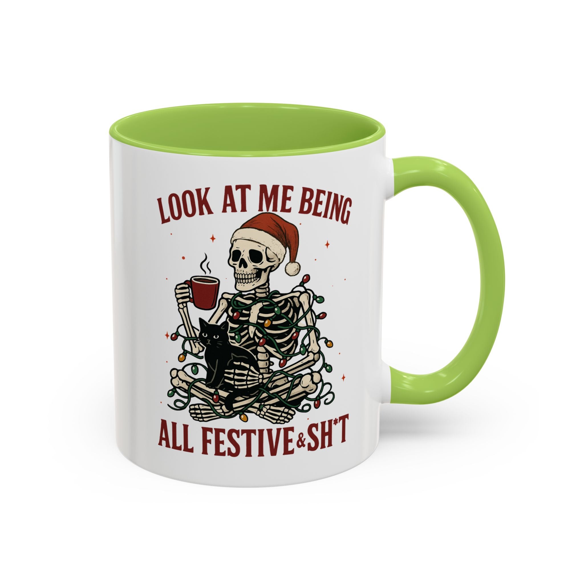 Festive Skeleton Coffee Mug, Unique Holiday Gift, Halloween Decor, Cat Lover's Mug, Funny Gift for Friends