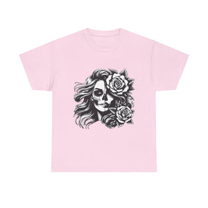 Skull & Rose Unisex Heavy Cotton Tee - Edgy Floral Graphic T-Shirt