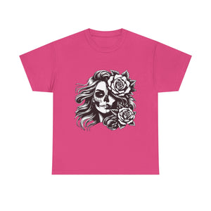 Skull & Rose Unisex Heavy Cotton Tee - Edgy Floral Graphic T-Shirt
