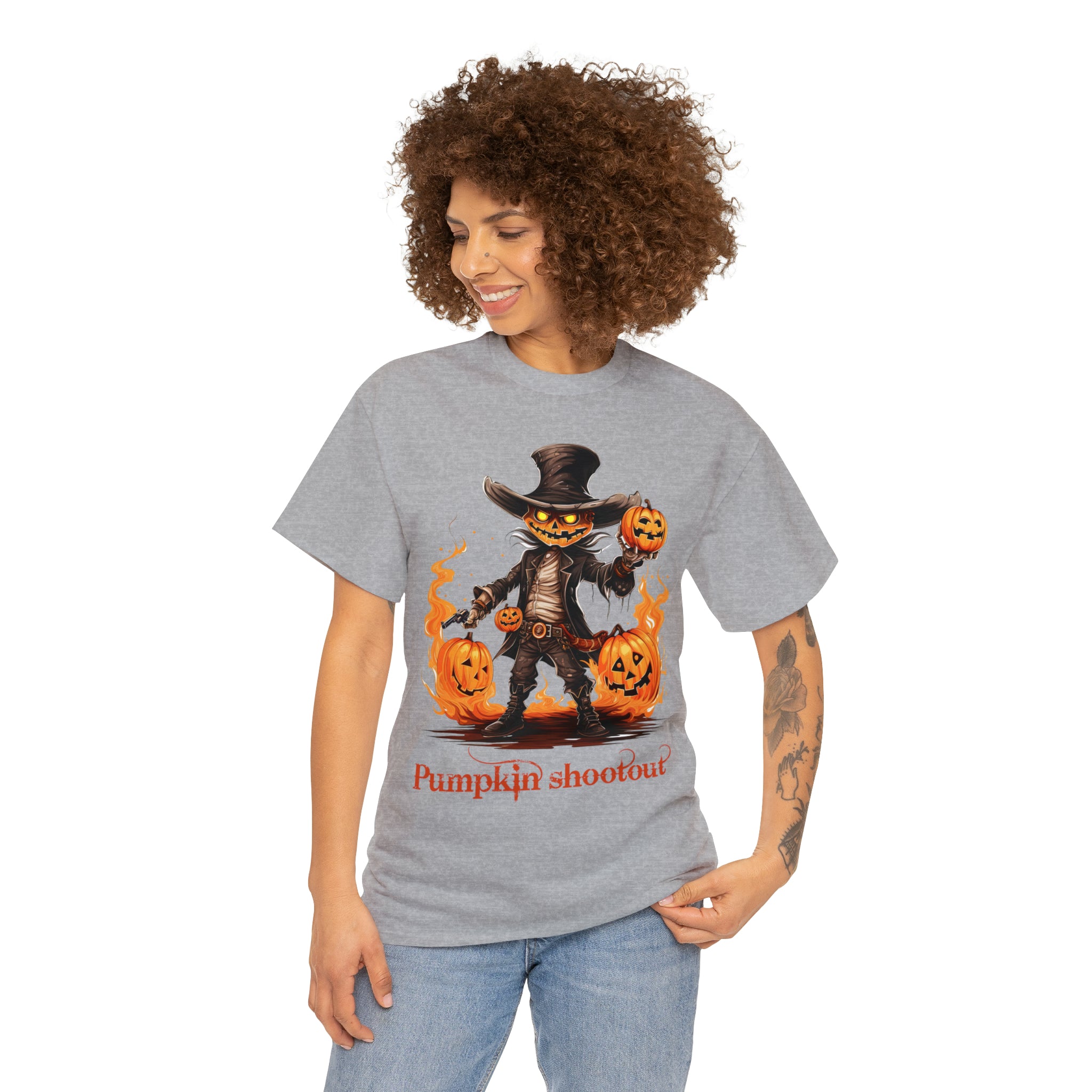 Halloween t shirt pumpkin western style shootout funny fall fun scary stocking stuffer for whole family  cotton tee