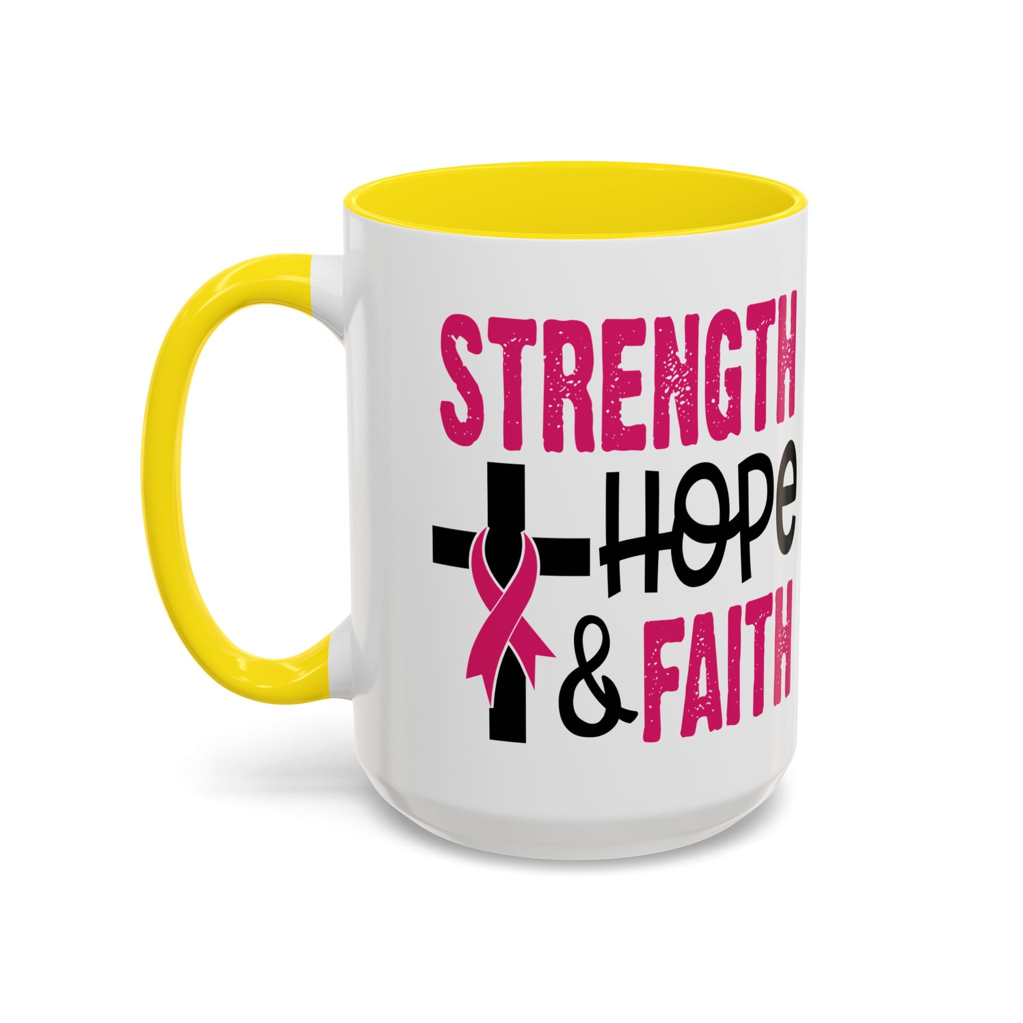 Inspirational Coffee Mug - Strength, Hope, Faith, Pink Ribbon, Christian Gifts, Motivational Drinkware, Breast Cancer Awareness