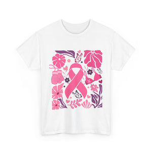 Pink Ribbon Awareness Tee, Flower Power Shirt, Support Breast Cancer, Unisex Cotton T-shirt, Thoughtful Gift for Her