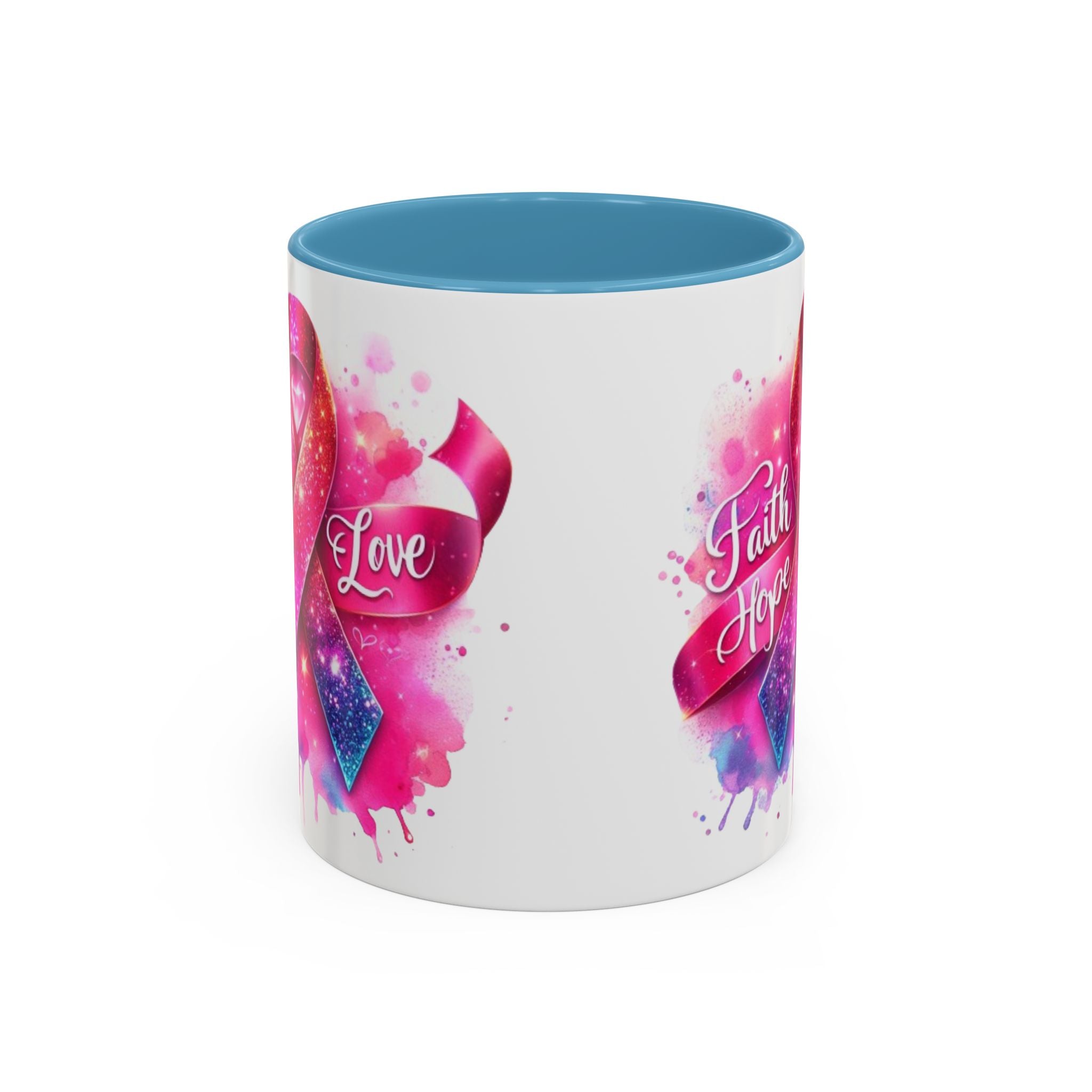 Inspirational Ribbon Coffee Mug - Faith, Hope, Love, Support, Gift for Cancer Awareness, Breast Cancer, Encouragement, Motivational