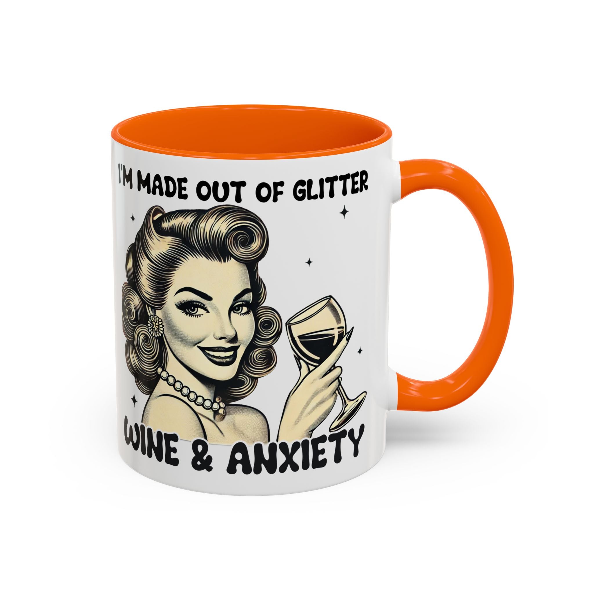 Wine & Anxiety Coffee Mug — "I'm Made Out of Glitter, Wine & Anxiety" Retro Accent Mug