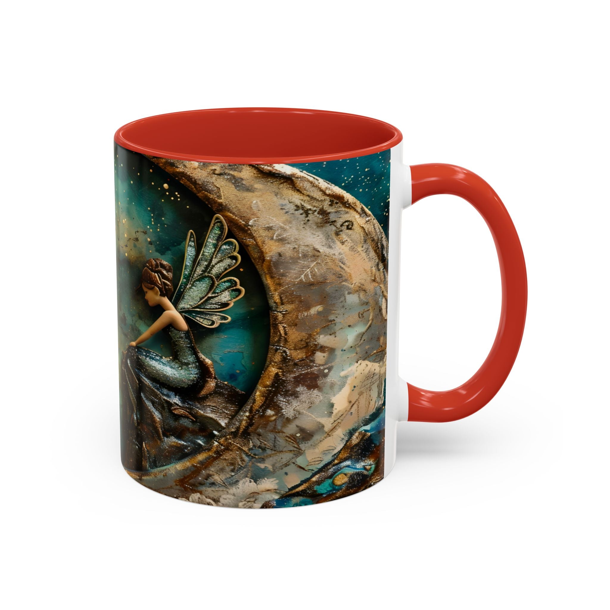 Fairy on the Moon Accent Coffee Mug – Mystical Teal Celestial Ceramic Mug (11/15oz) fantasy