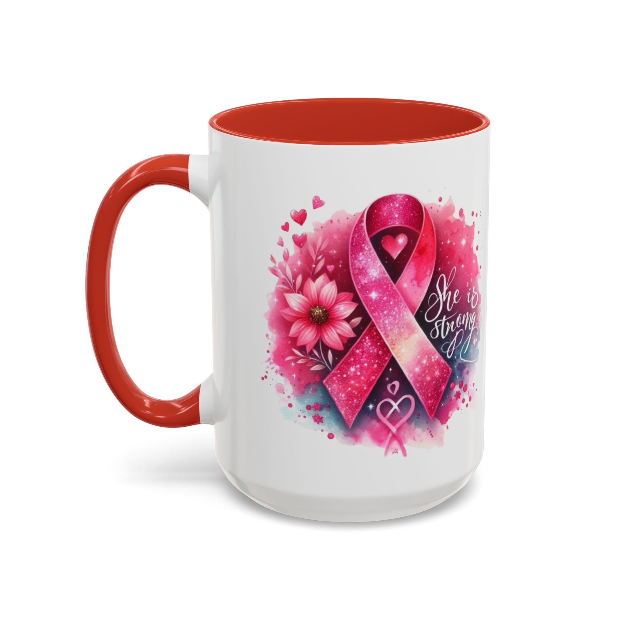 Breast Cancer Awareness Coffee Mug - Inspirational Gift, Motivational Drinkware, Supportive Cup, Pink Ribbon Design, She Is Strong