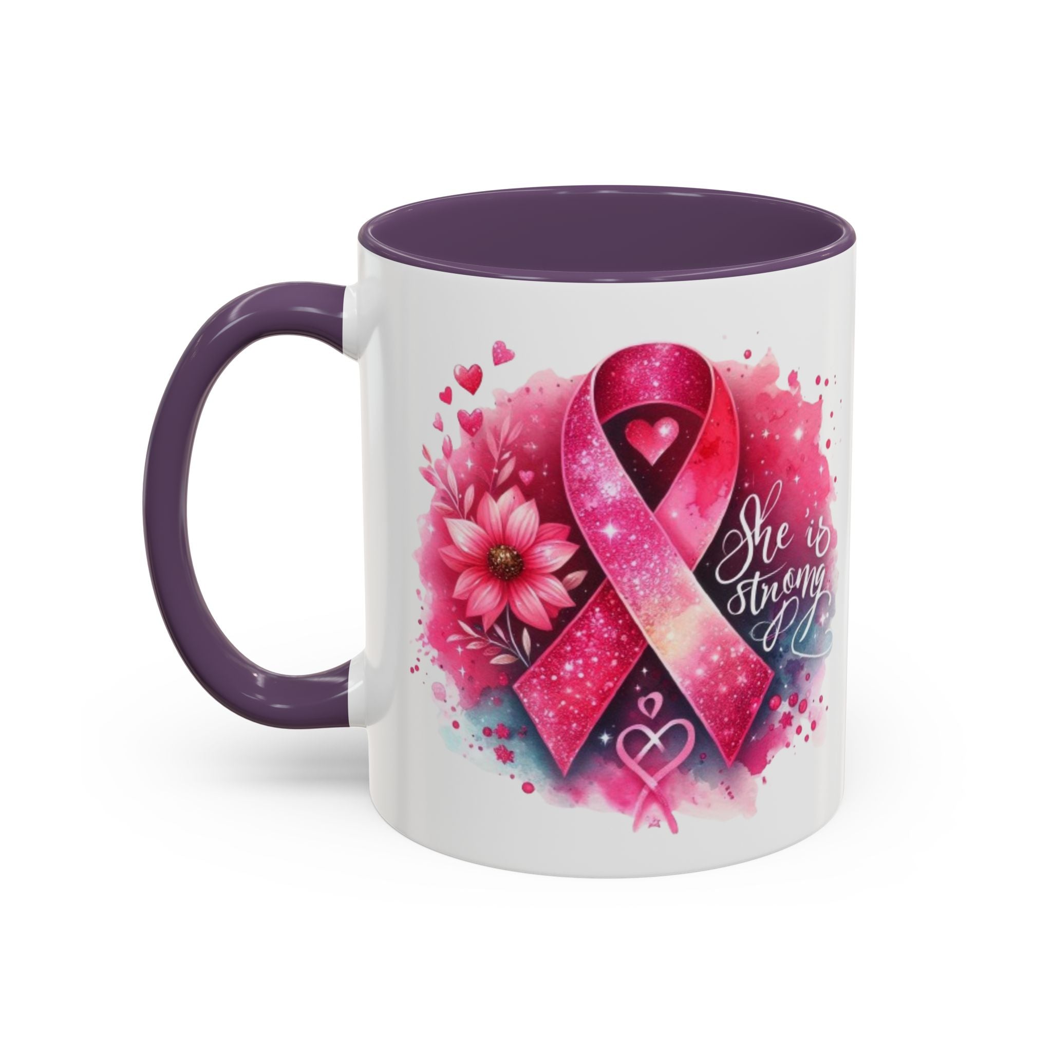 Breast Cancer Awareness Coffee Mug - Inspirational Gift, Motivational Drinkware, Supportive Cup, Pink Ribbon Design, She Is Strong