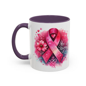 Breast Cancer Awareness Coffee Mug - Inspirational Gift, Motivational Drinkware, Supportive Cup, Pink Ribbon Design, She Is Strong