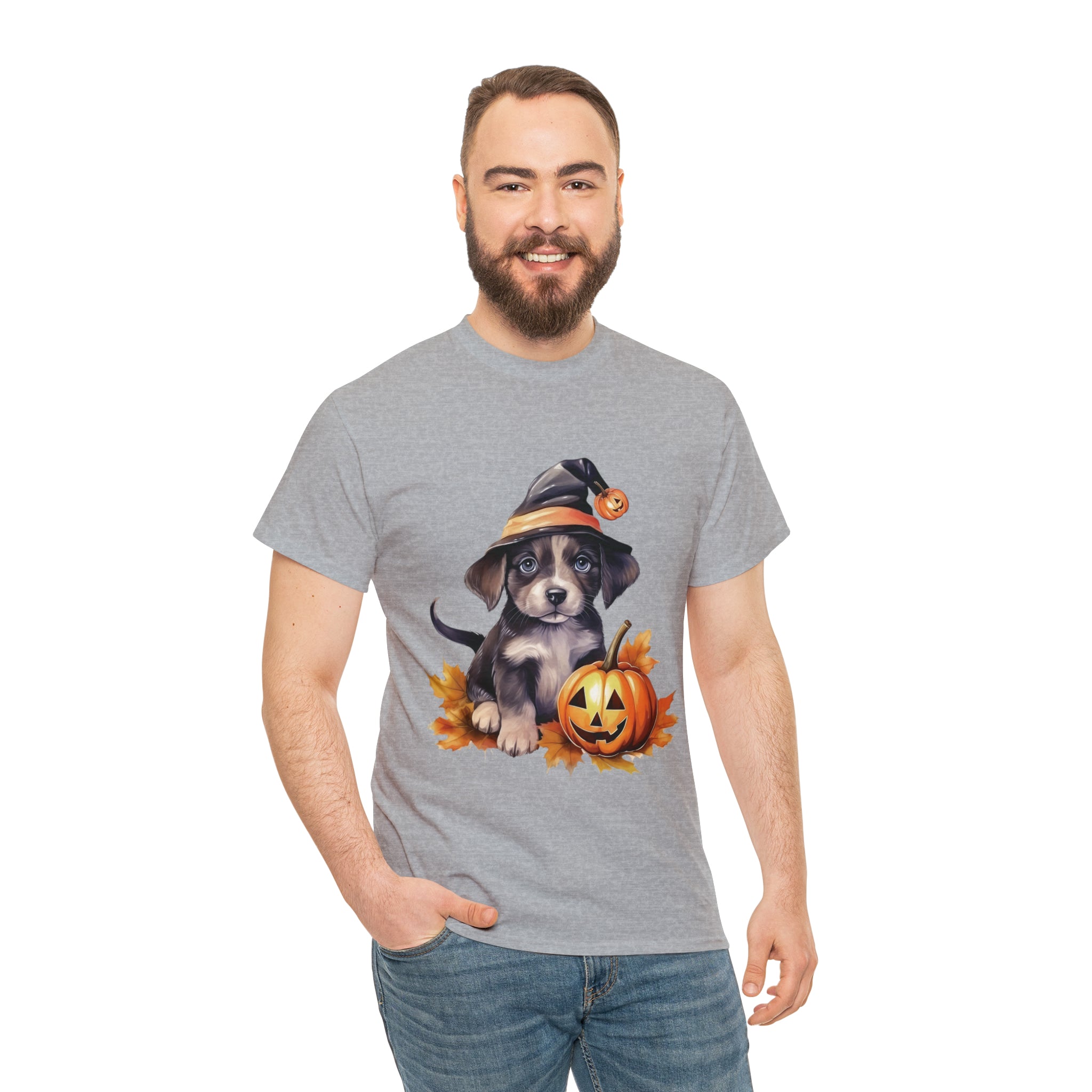 halloween t shirt puppy in witch hat cute gift for her stocking stuffer fall fun item for whole family Unisex Heavy Cotton Tee