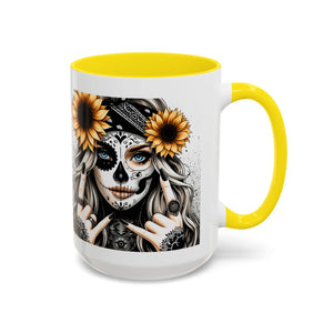 Sunflower Skull Accent Coffee Mug, Gothic Floral Mug, Unique Gift for Coffee Lovers, Boho Decor, Halloween Mug, Artful Drinkware