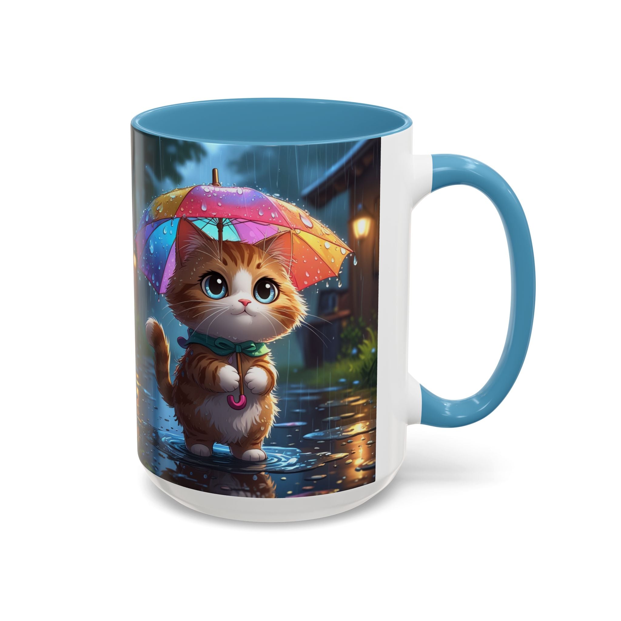 Cute Rainy Day Cat Mug — Kawaii Kitten with Rainbow Umbrella Coffee Cup (11/15oz)