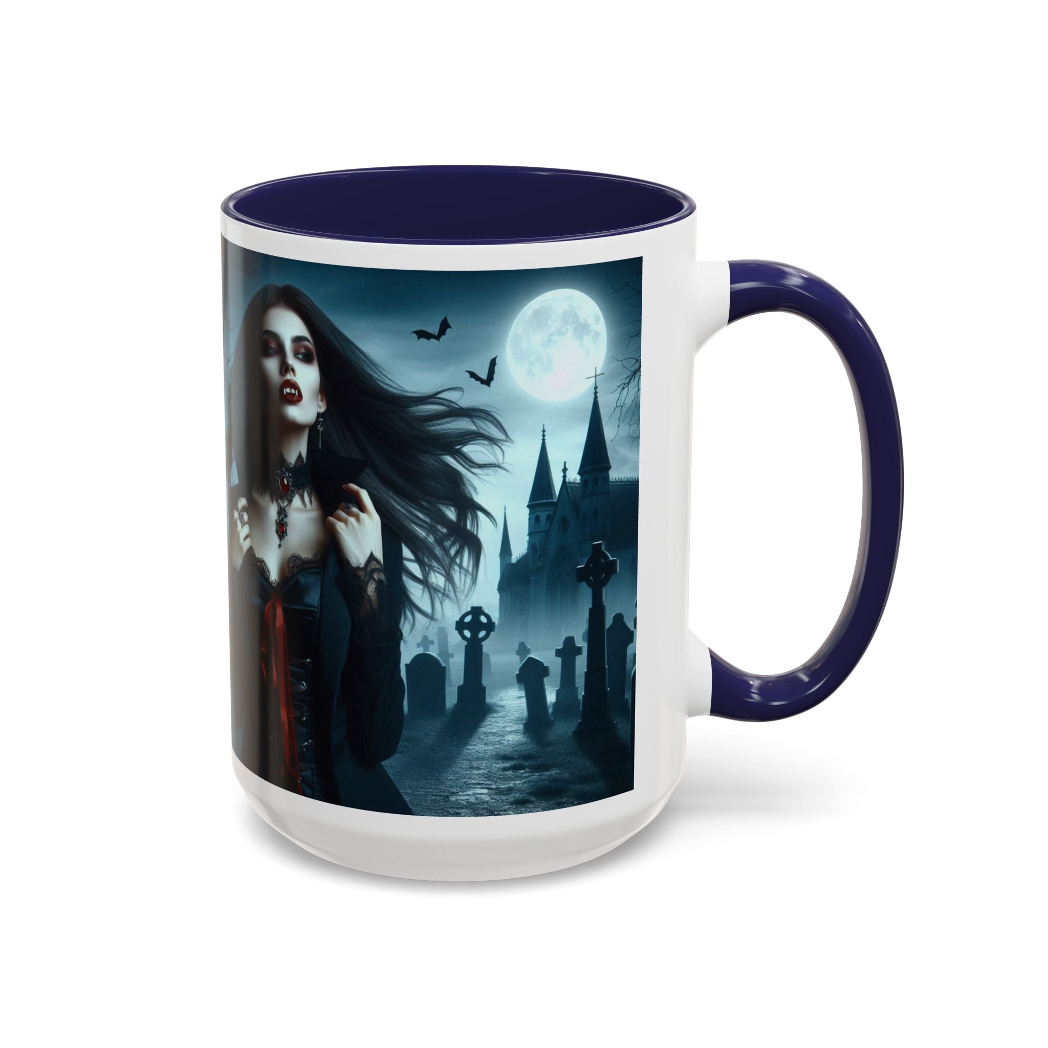 Gothic Vampire Coffee Mug - Spooky Halloween Drinkware in graveyard by castle