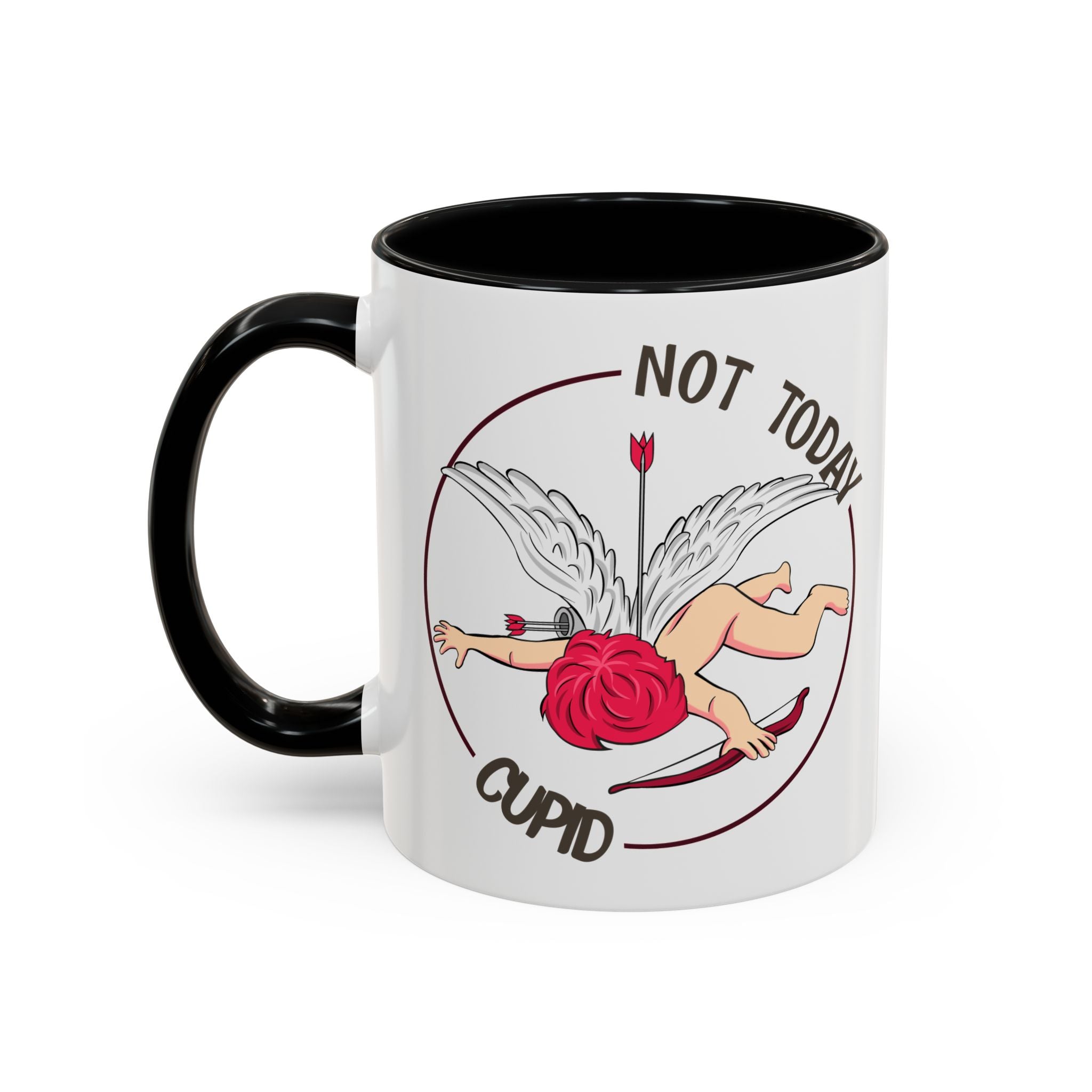Not Today Cupid Coffee Mug — Funny Anti-Valentine Accent Mug (11/15oz)