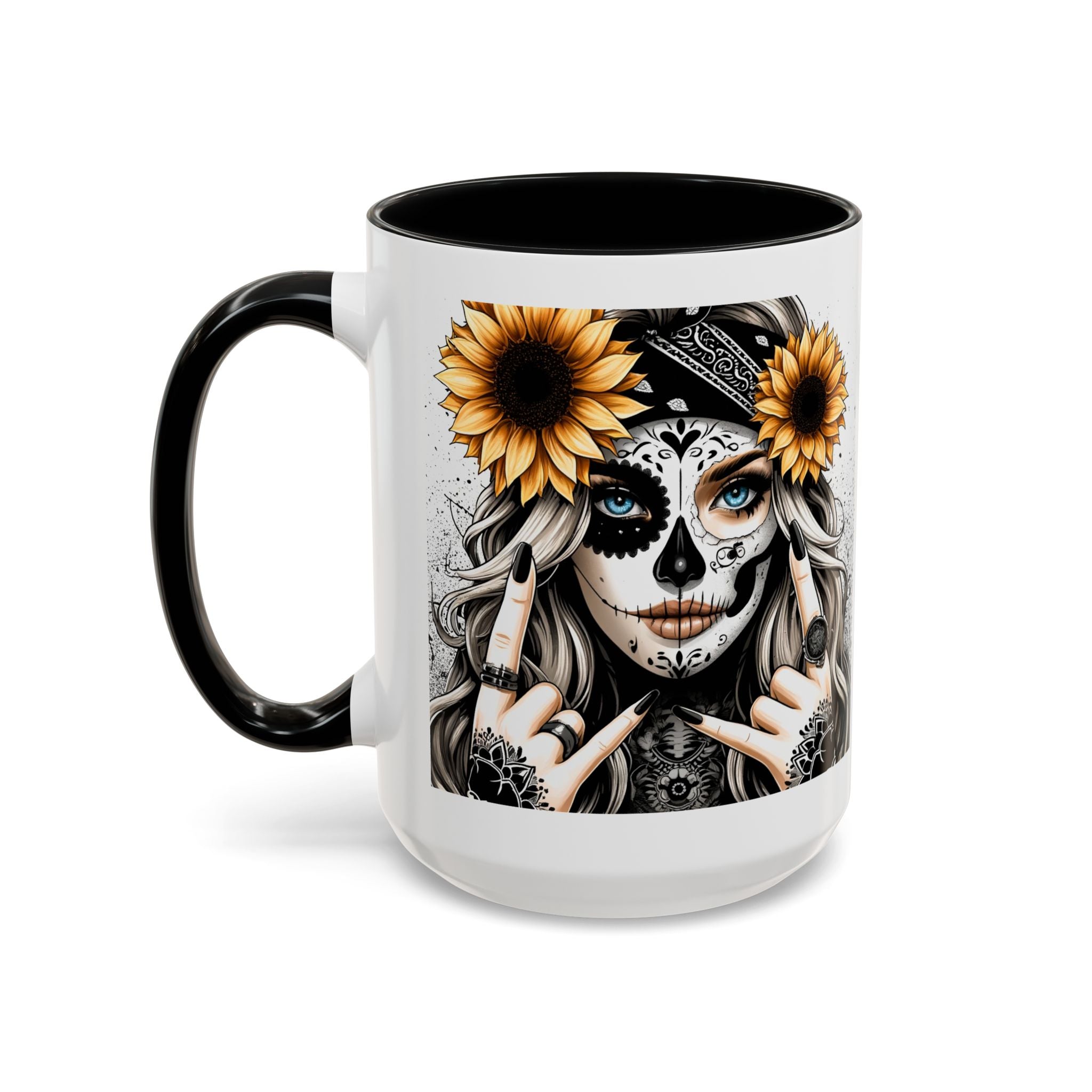 Sunflower Skull Accent Coffee Mug, Gothic Floral Mug, Unique Gift for Coffee Lovers, Boho Decor, Halloween Mug, Artful Drinkware