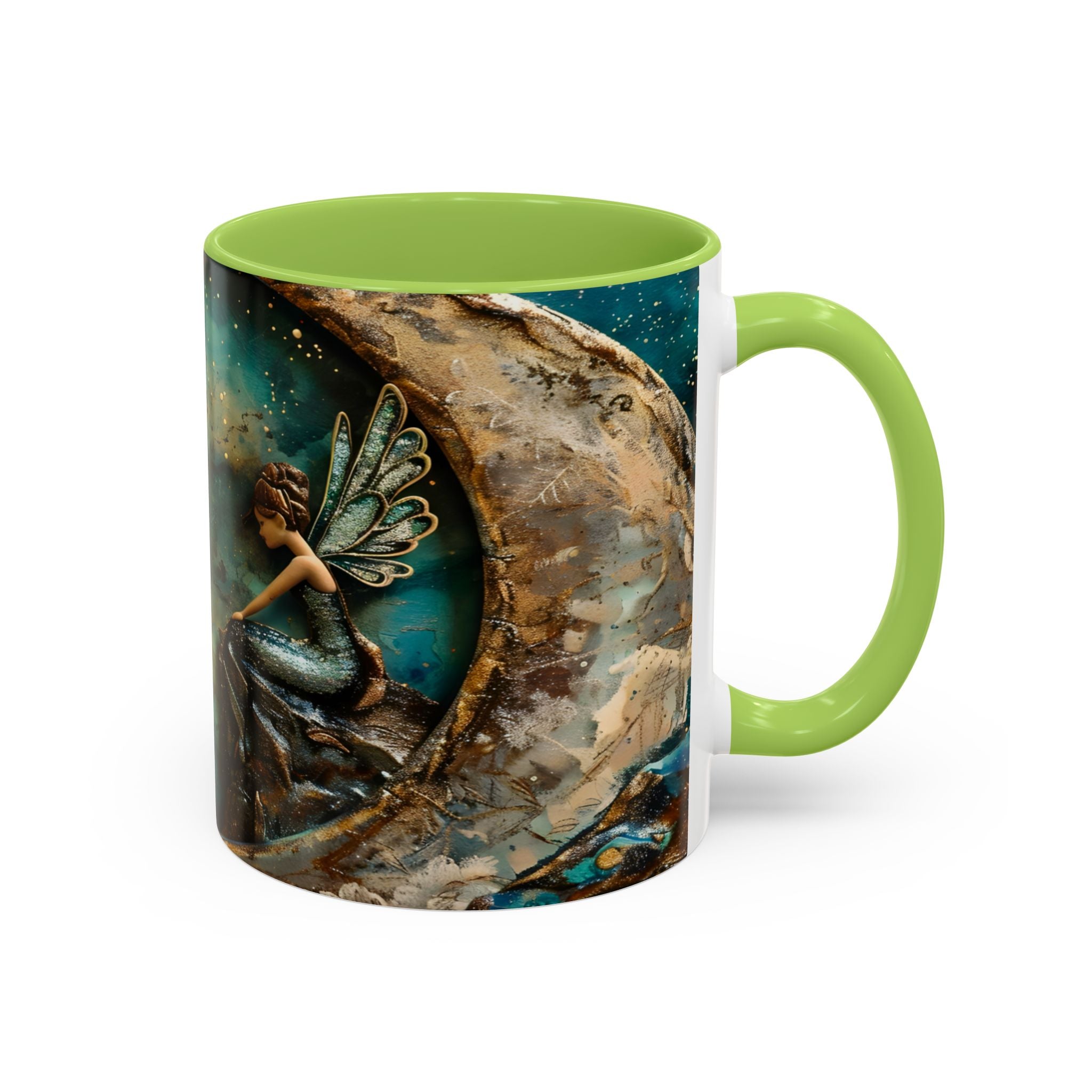 Fairy on the Moon Accent Coffee Mug – Mystical Teal Celestial Ceramic Mug (11/15oz) fantasy