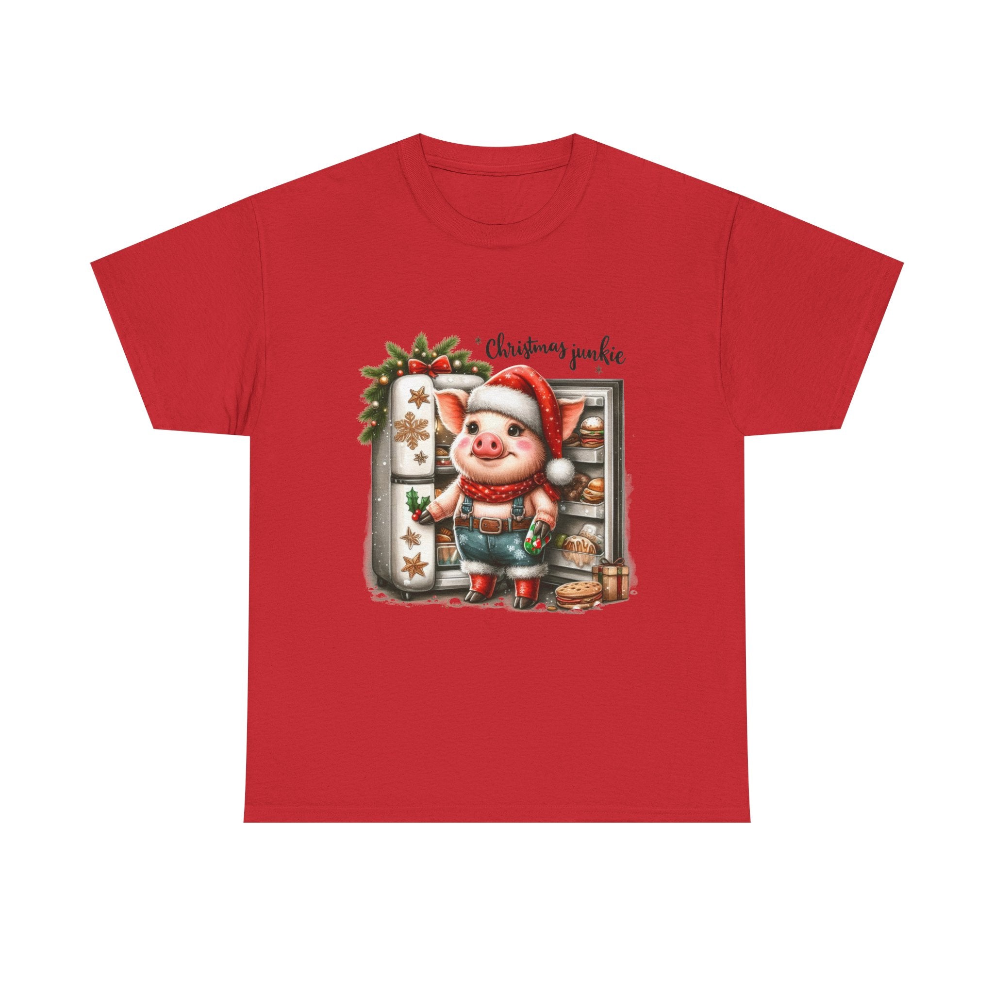 Christmas Junkie Unisex Cotton Tee, Fun Holiday Shirt, Christmas Gift, Pig T-Shirt, Festive Apparel, Cute Christmas Outfit