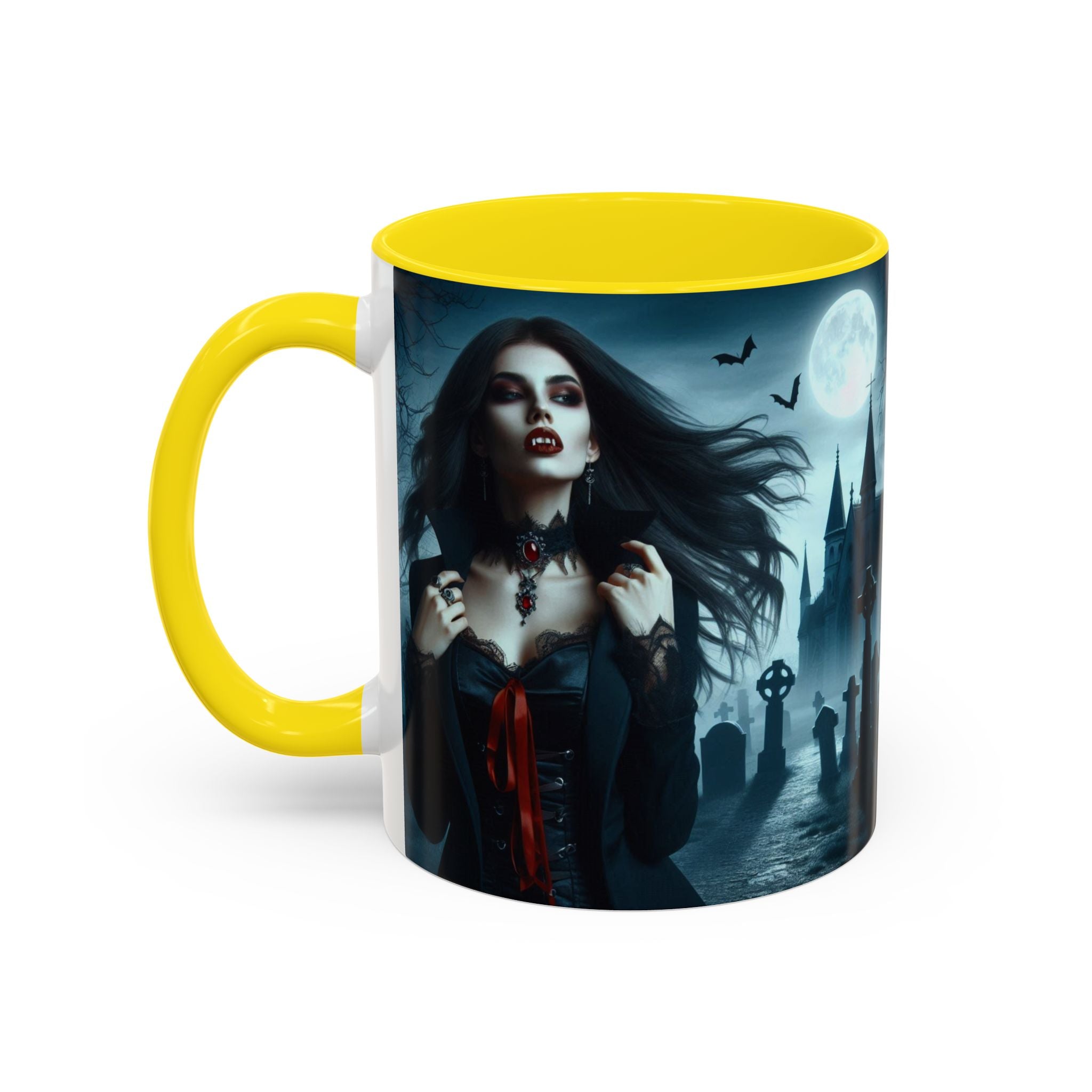 Gothic Vampire Coffee Mug - Spooky Halloween Drinkware in graveyard by castle