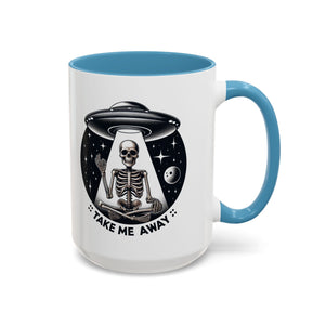 Alien-themed Coffee Mug: Take Me Away, Space Lover Gift, Skeleton Mug, Unique Drinkware for Sci-Fi Fans, Halloween Decor