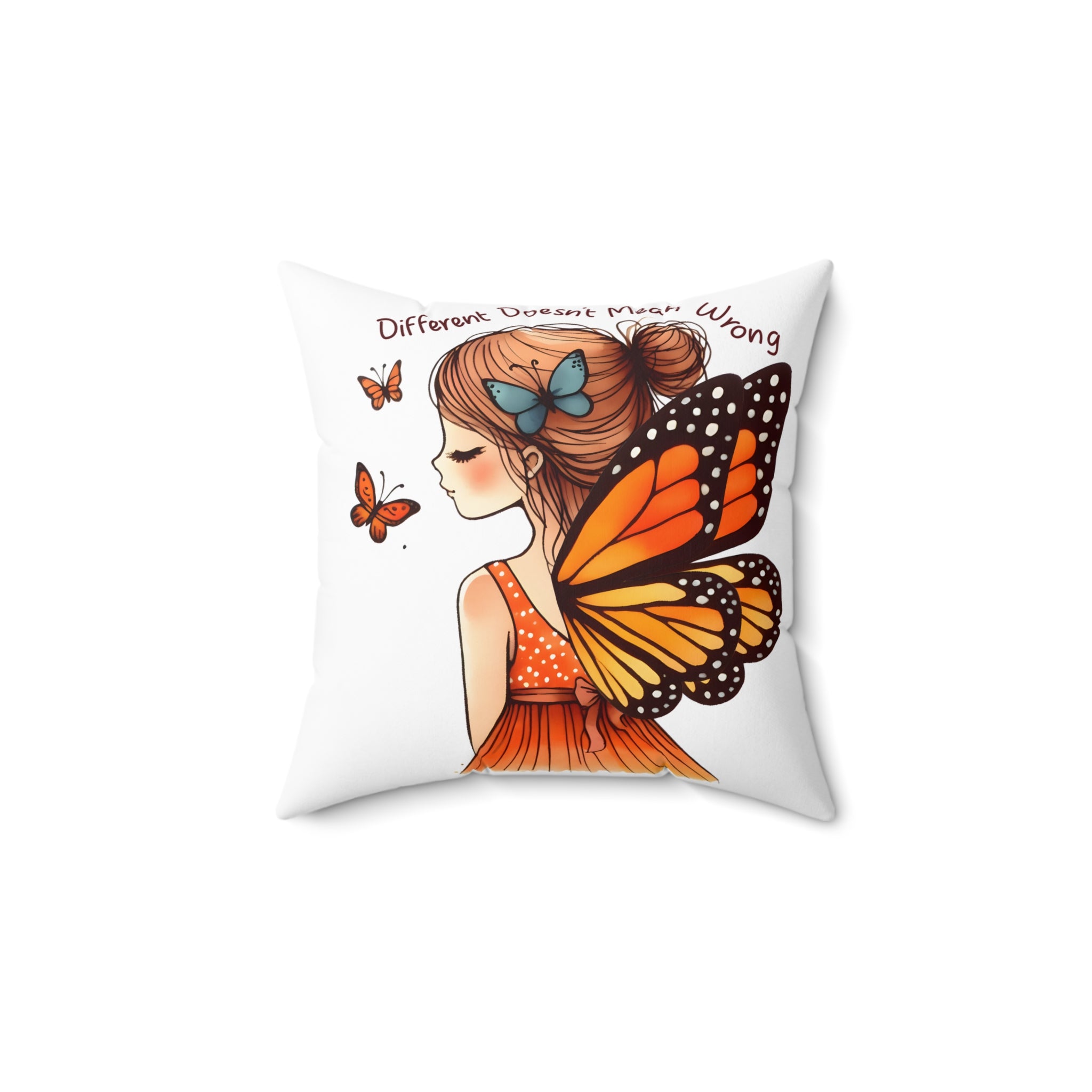 Monarch Butterfly Girl Decorative Pillow — 'Different, Beautiful, Never Wrong' Accent Cushion